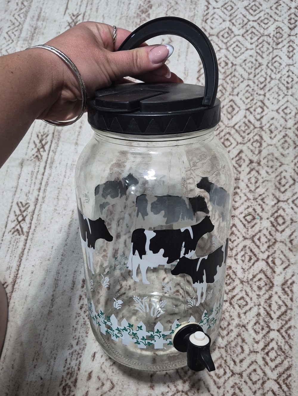 Primitive Vintage Cow-Print Glass Beverage Dispenser with Black Lid and Spigot
